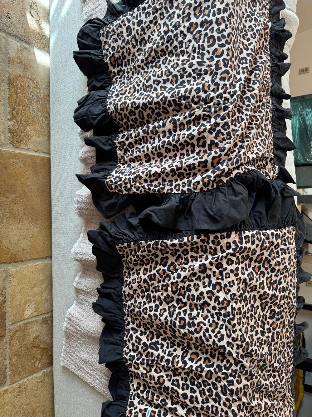 Two Posh Peanut Lana Leopard Print Ruffled Euro Pillow Covers Black & Brow